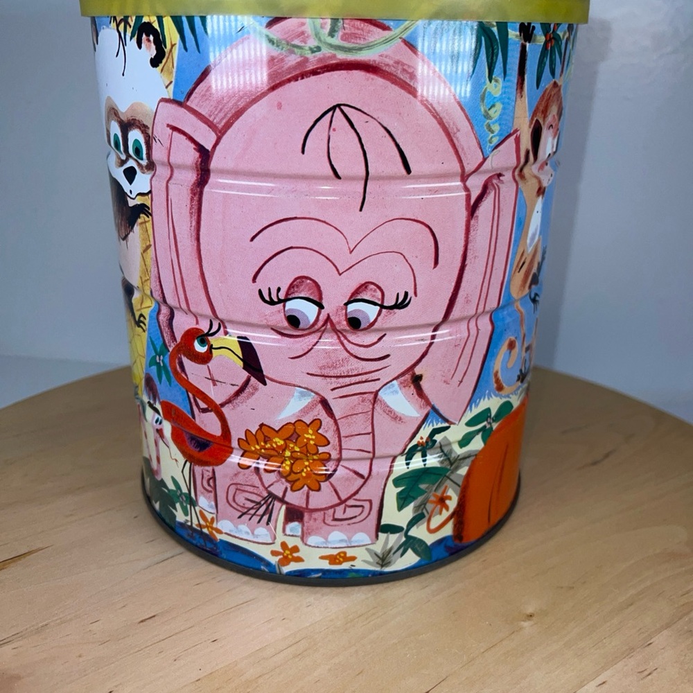 Folger’s 1960s colorful kitschy mid century coffee tin jungle animals elephant